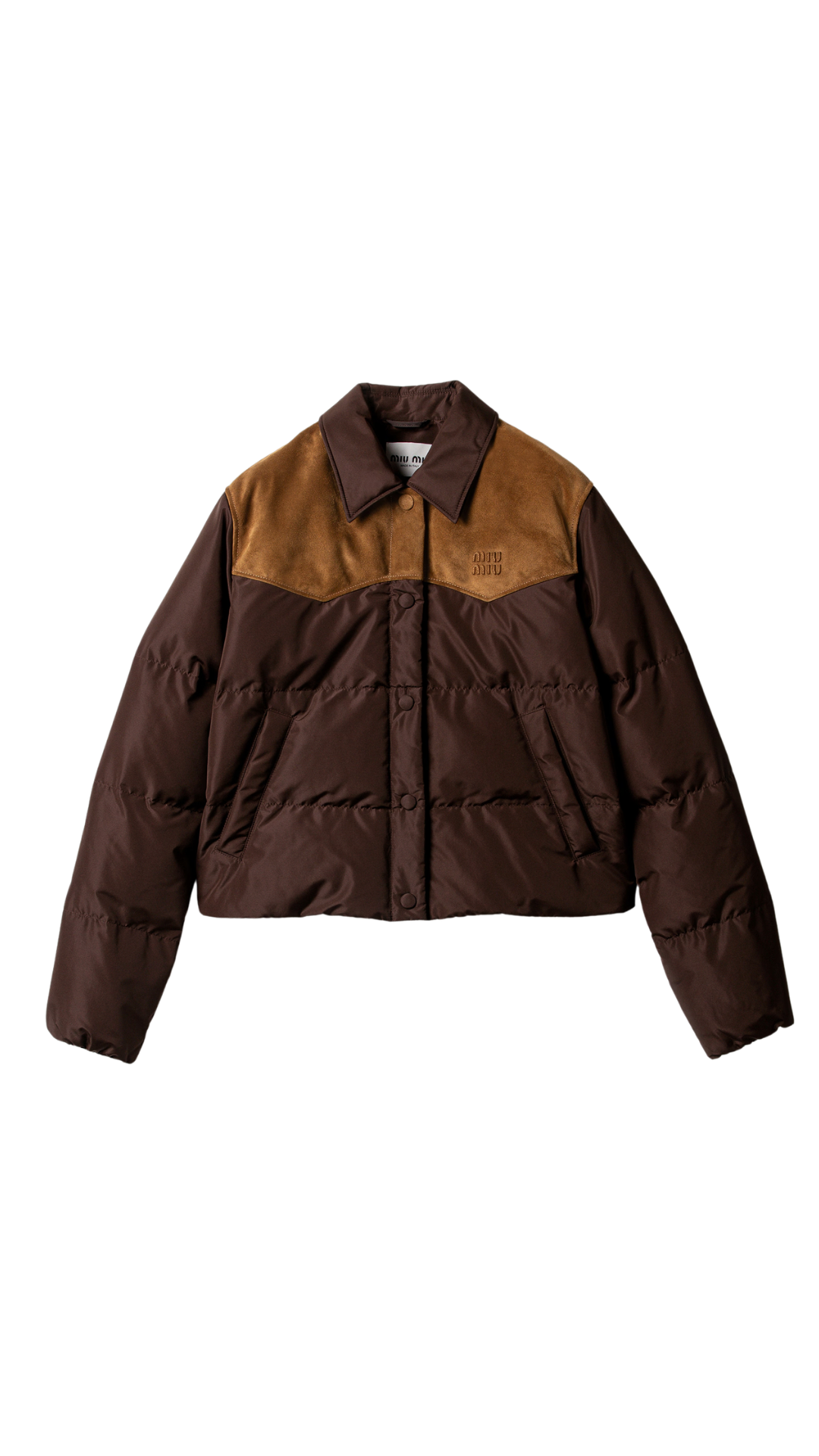 Technical Pongé and Leather Down Jacket in Coffee