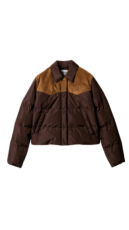 Technical Pongé and Leather Down Jacket in Coffee