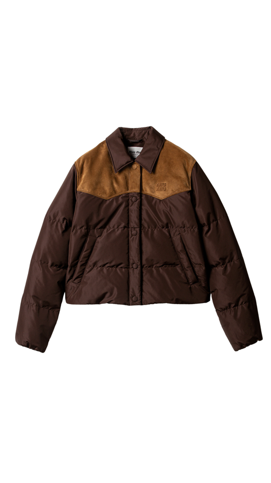 Technical Pongé and Leather Down Jacket in Coffee