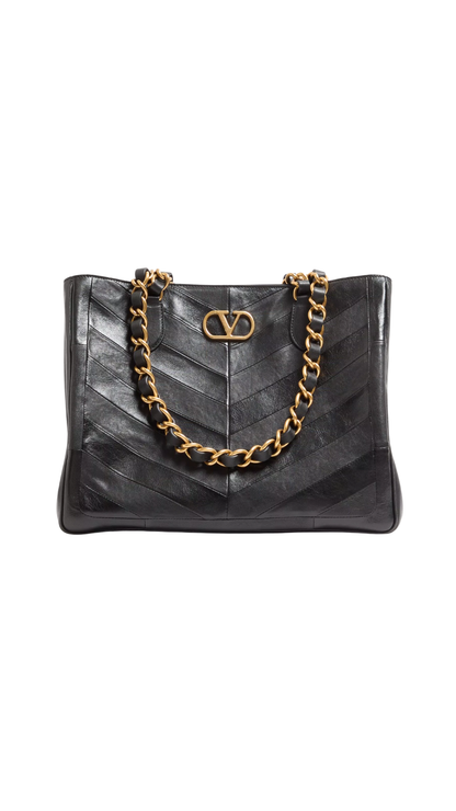 Laseine Shopping Bag In Black Nappa Leather With A Chevron Pattern