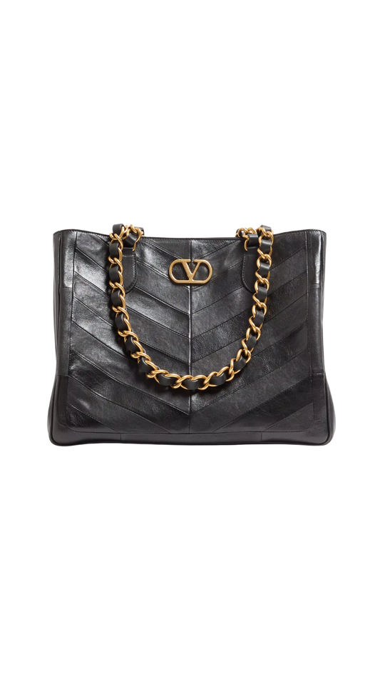 Laseine Shopping Bag In Black Nappa Leather With A Chevron Pattern