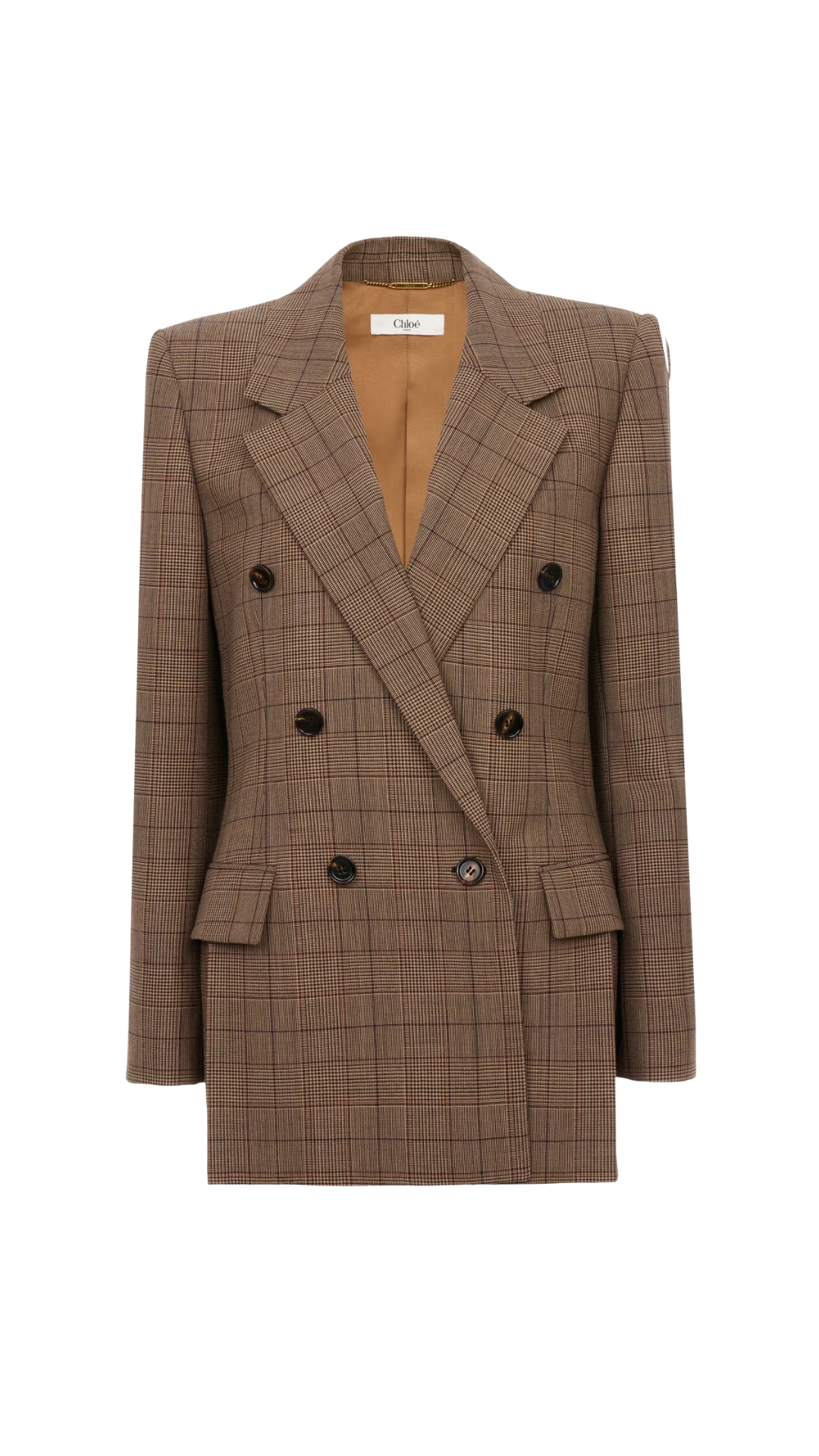 Double-Breasted Tailored Jacket in Brown / Beige Check Wool
