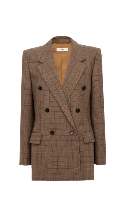 Double-Breasted Tailored Jacket in Brown / Beige Check Wool