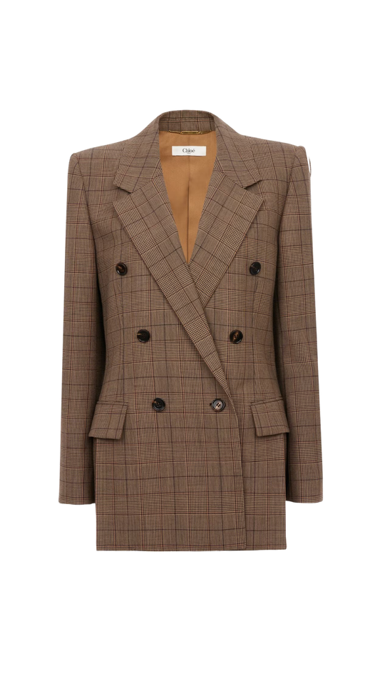 Double-Breasted Tailored Jacket in Brown / Beige Check Wool