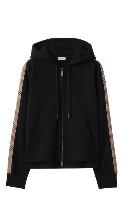 Check Trim Cotton Zip Hoodie in Black