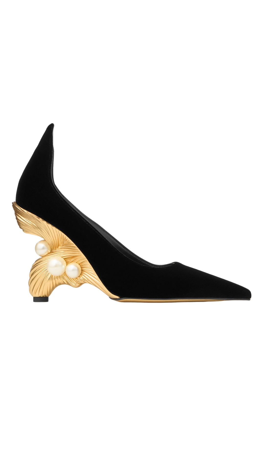 Ithaca 95 in Black Velvet Pumps with Pearl-Embellished Wedge