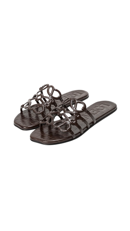 Petal Anagram Slide in Dark Brown Croc-Embossed Calfskin