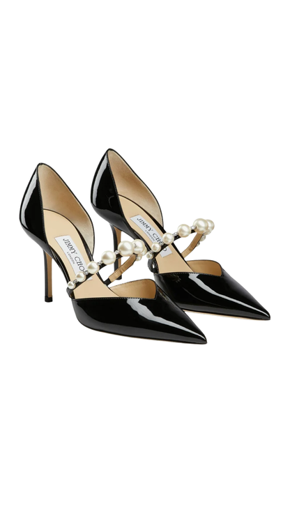 Aurelie 85 Black Patent Leather Pointed Pumps with Pearl Embellishment