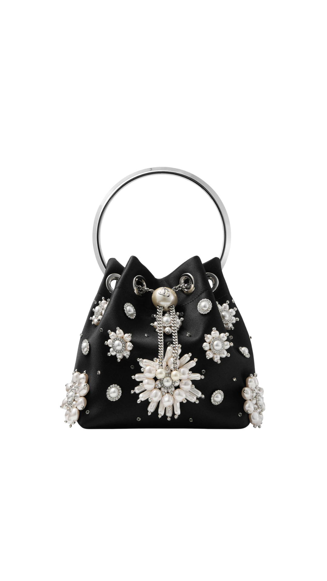 Bon Bon in Black Satin Bucket Bag with Floral Pearl Embroidery