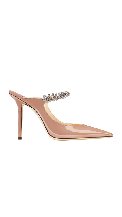 Bing 100 Ballet Pink Patent Leather Mules with Crystal Strap