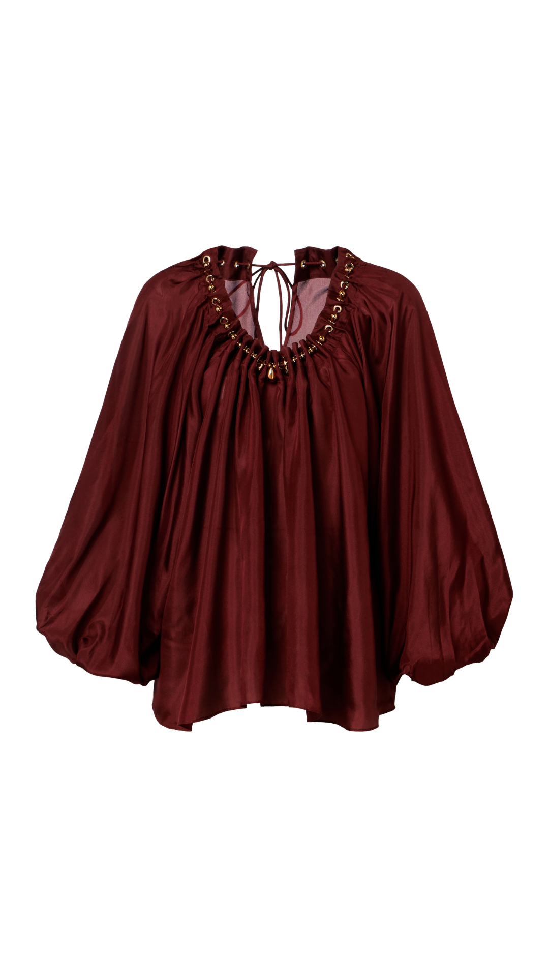 Aster Asymmetric Beaded Silk Habotai Blouse in Burgundy
