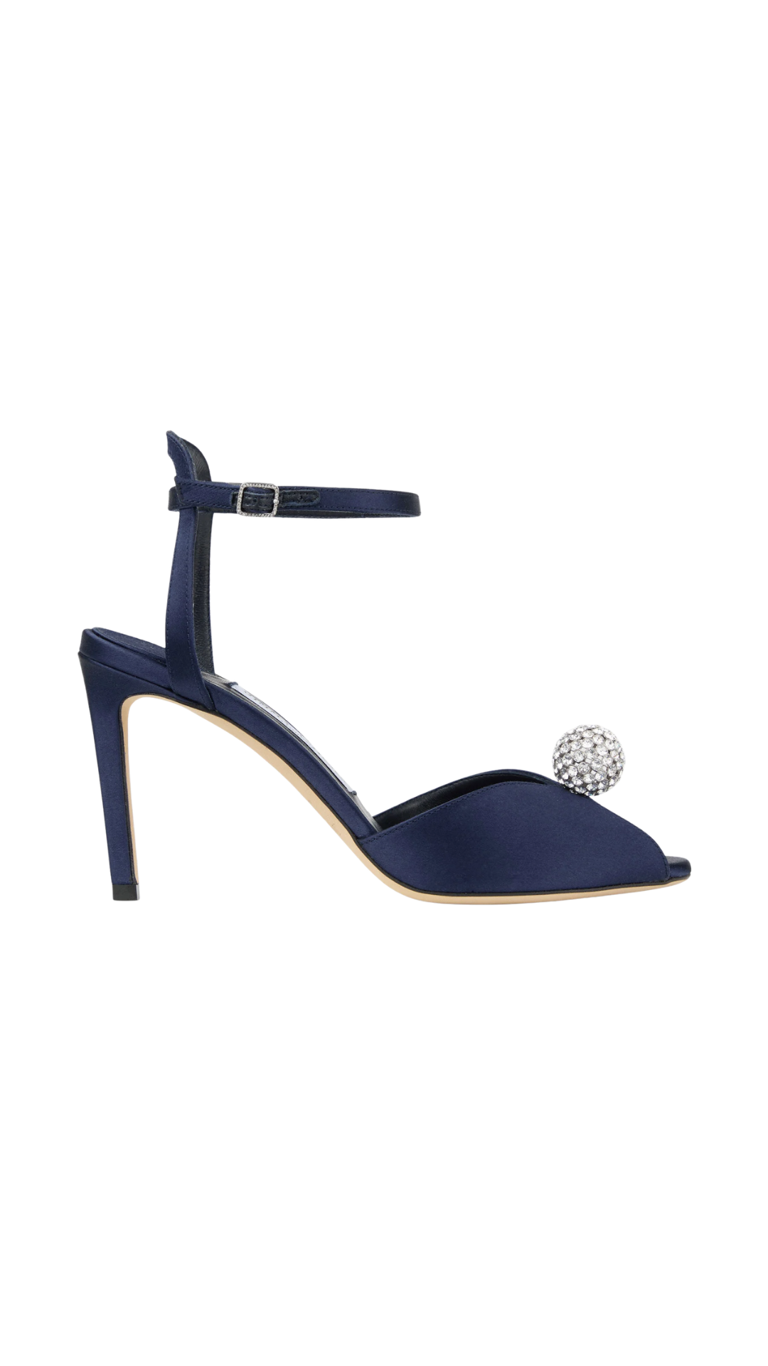 Sacora 85 in Marine Satin Sandals with Crystal-Embellished Sphere