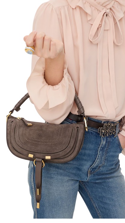 Mini Marcie Shoulder Bag in Nickel Grey Suede Leather