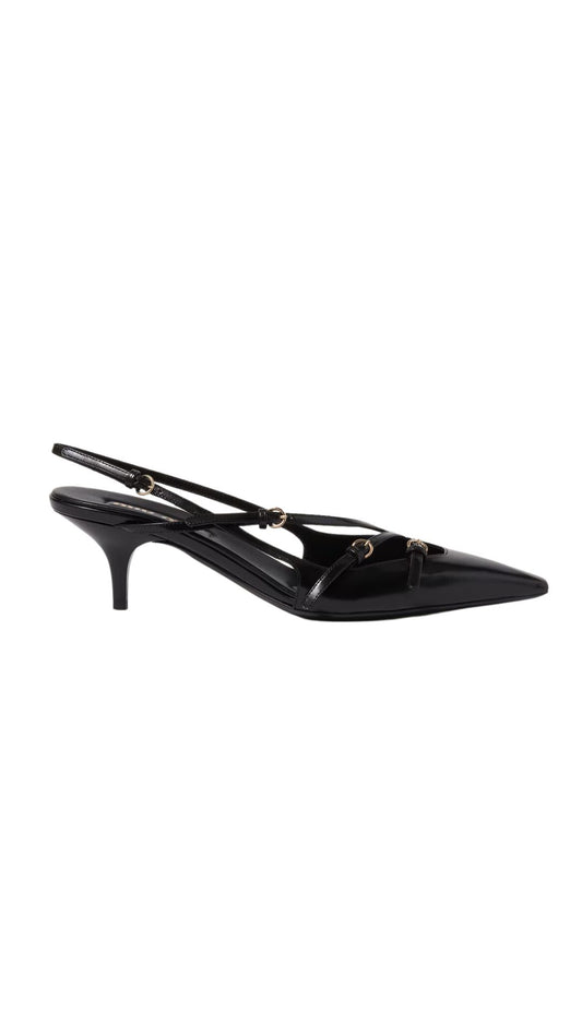 Brushed Leather Slingbacks with Buckles in Black