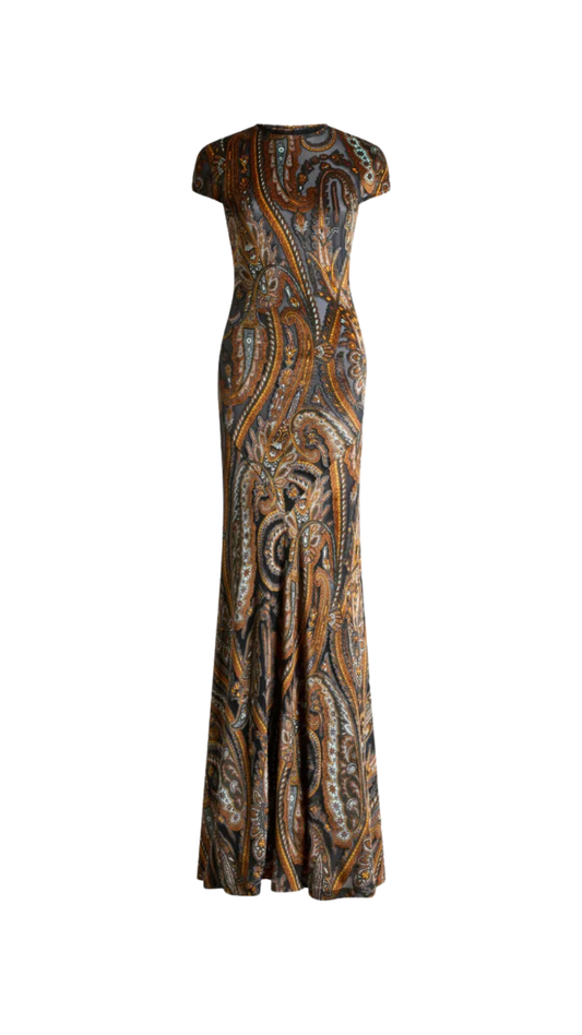 Long Dress in Multicolor Jersey with Paisley Motif