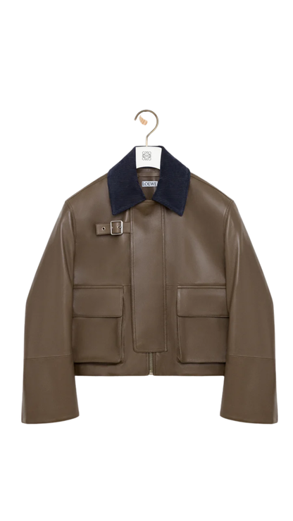 Short Parka in Khaki Green Nappa Lambskin