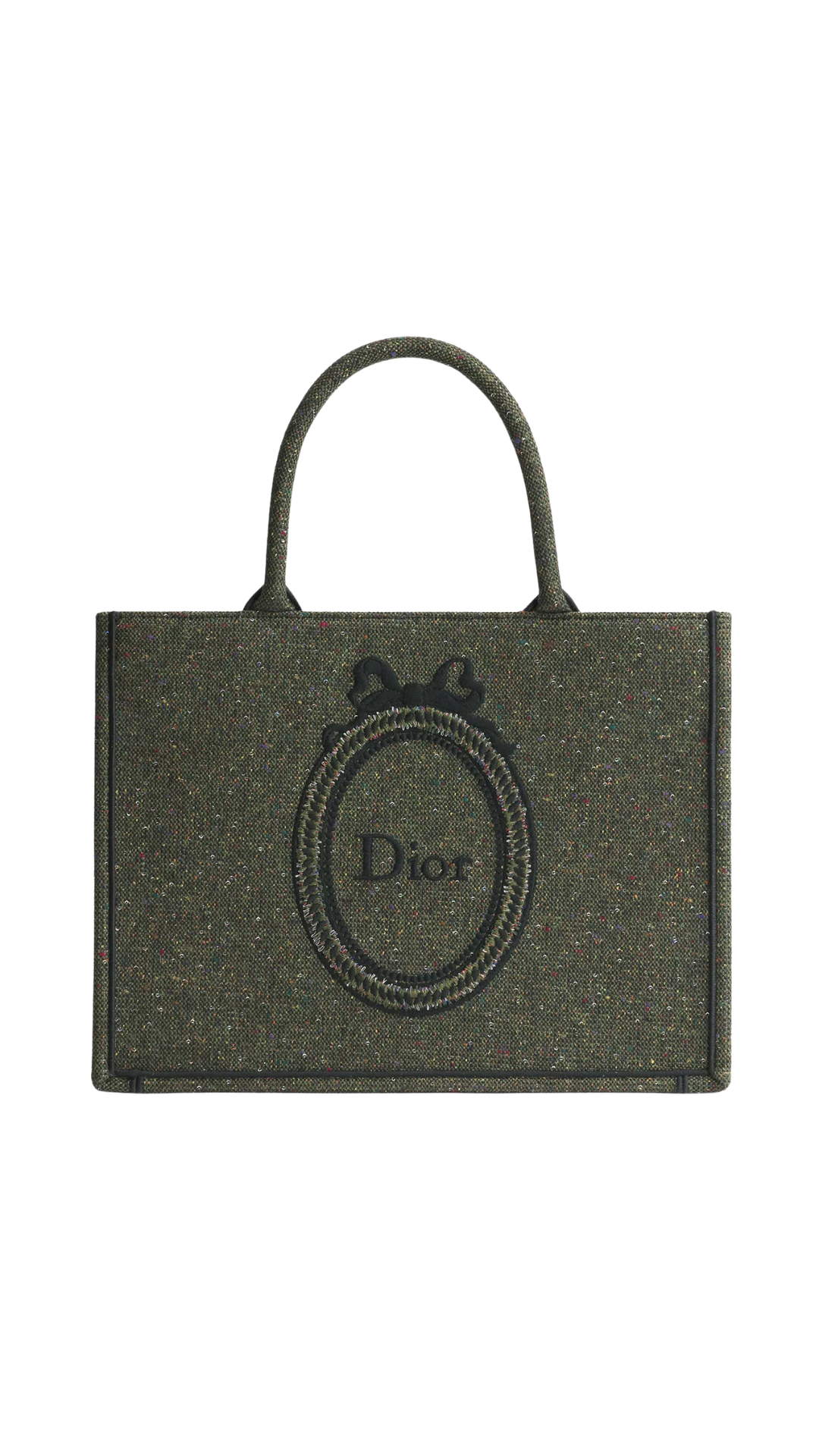 Medium Dior Book Tote with Strap in Khaki Sequin-Embroidered Tweed and Dior Médaillon