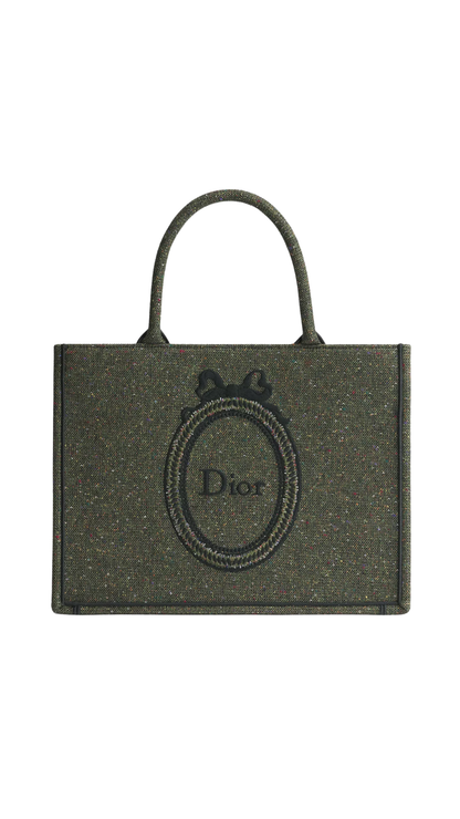 Medium Dior Book Tote with Strap in Khaki Sequin-Embroidered Tweed and Dior Médaillon