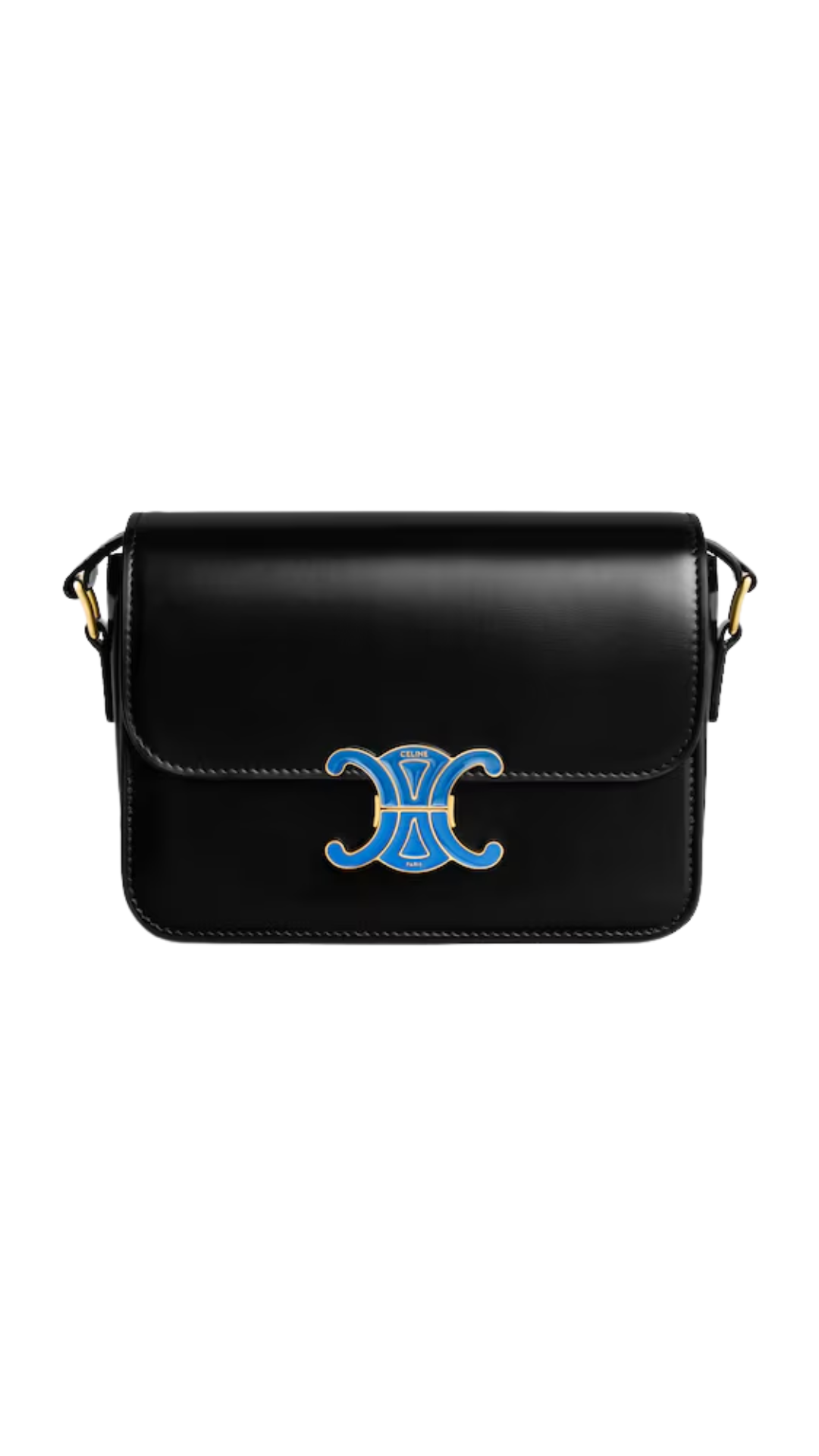 Teen Triomphe Bag in Shiny Calfskin with Enamel Closure in Black/Ultra Blue
