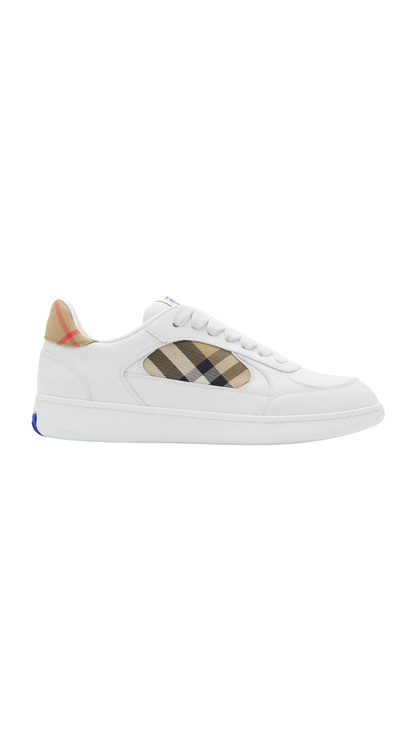 Leather and Check Terrace Sneakers in White/Sand Beige
