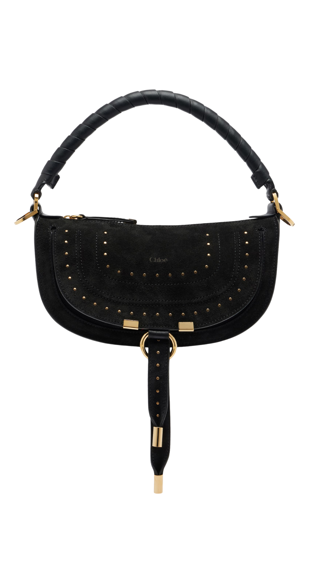 Marcie Small Studded Suede Shoulder Bag in Black