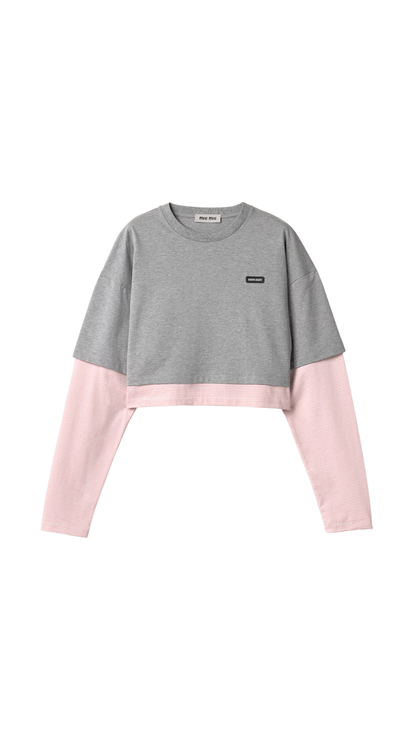 Cotton Jersey T-Shirt in Grey/Begonia Pink