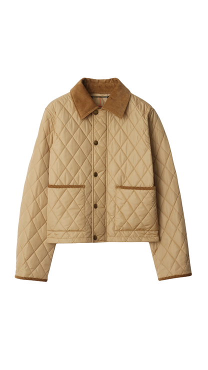 Cropped Quilted Nylon Jacket in Flax Beige/Sand Beige