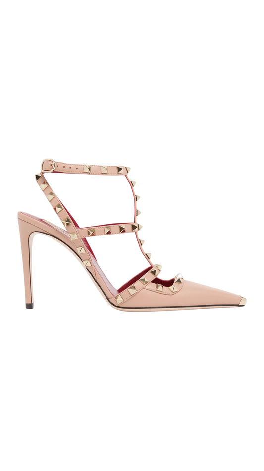 Rockstud Leather Ankle-Strap Pumps in Pink
