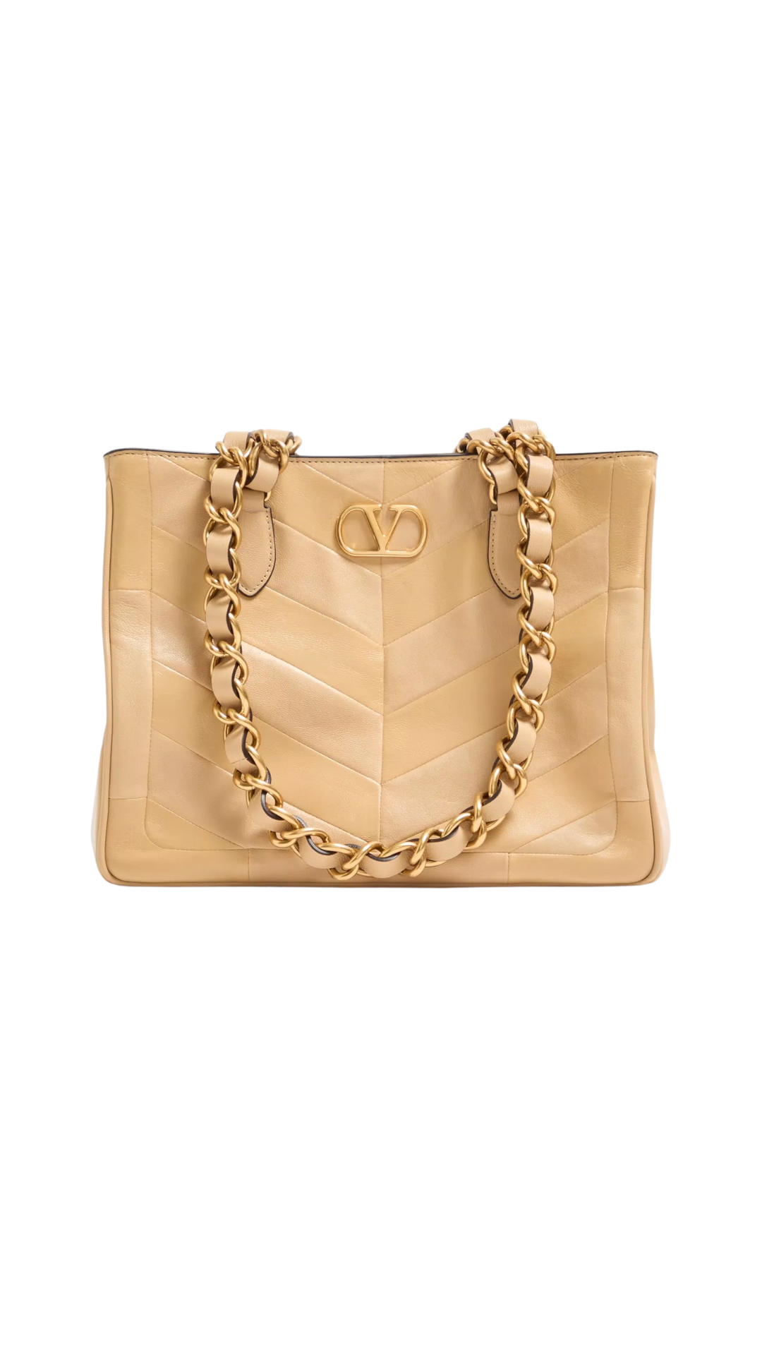 Laseine Small Shopping Bag In Gold Beige Chevron-Patterned Nappa Leather