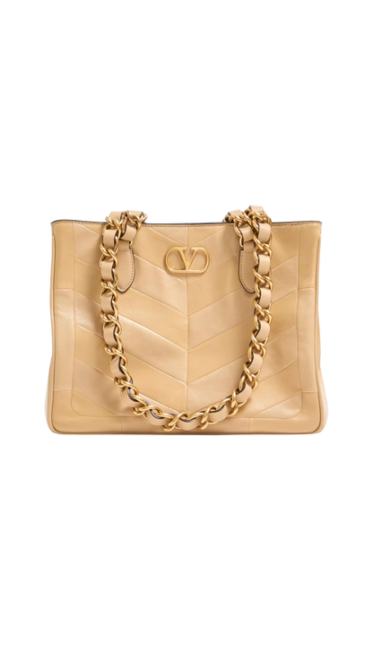 Laseine Small Shopping Bag In Gold Beige Chevron-Patterned Nappa Leather