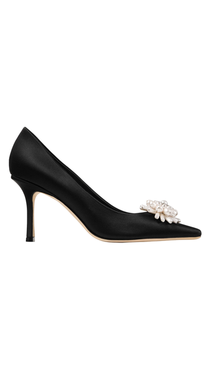 Ines Pump 85 Black Satin Pumps with Pearl and Crystal Brooch