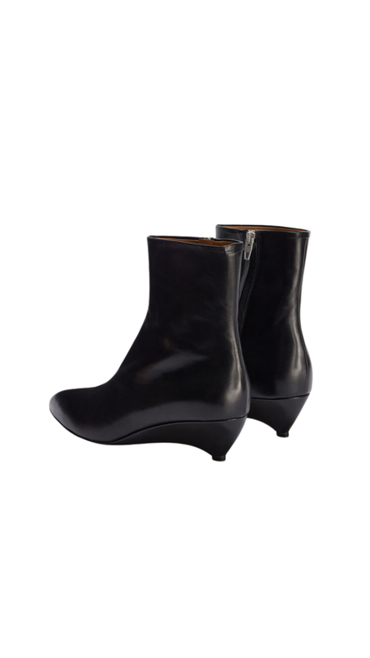 Arc Ankle Boot with Pointed Toe and Low Wedge Heel in Black