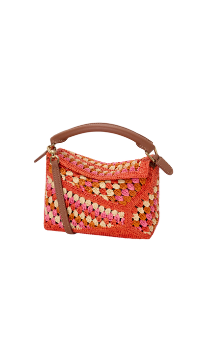 Mini Puzzle Edge Bag in Bright Orange/Pink Raffia and Calfskin