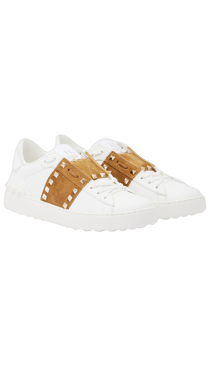 Rockstud Suede-Trimmed Leather Sneakers in White