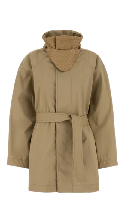 Cotton Trench Coat in Sahara with Intrecciato Leather Undercollar