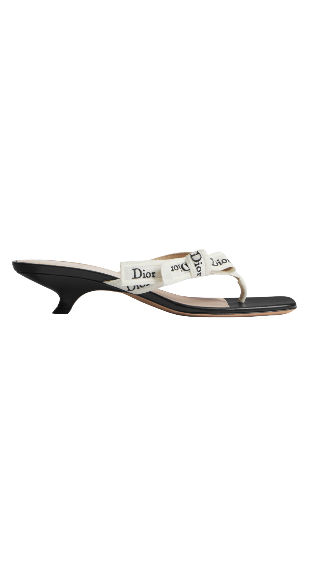 J'Adior Heeled Thong Sandal White Embroidered Cotton and Black Lambskin