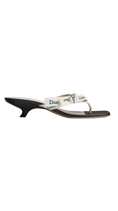 J'Adior Heeled Thong Sandal White Embroidered Cotton and Black Lambskin