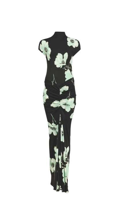 Draped Printed Dress in Green Sakura Print