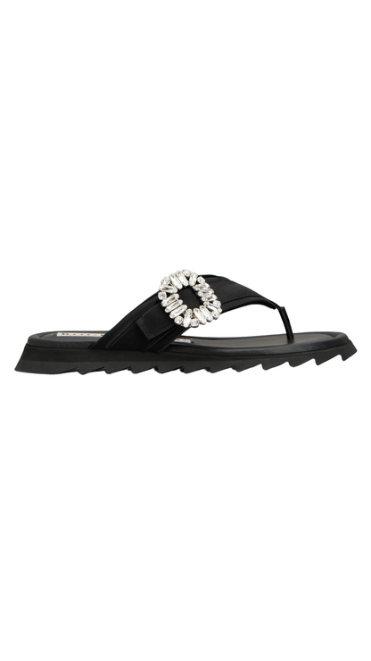Slidy Viv' Thong Mules in Black Satin