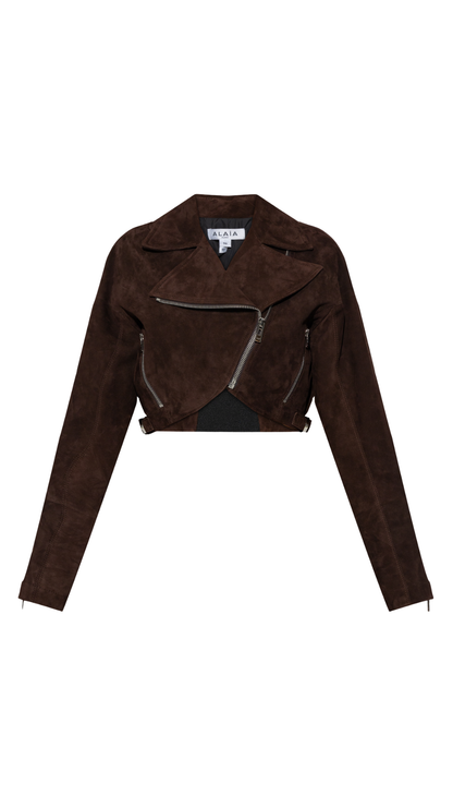 Cropped Leather Biker Jacket in Brown