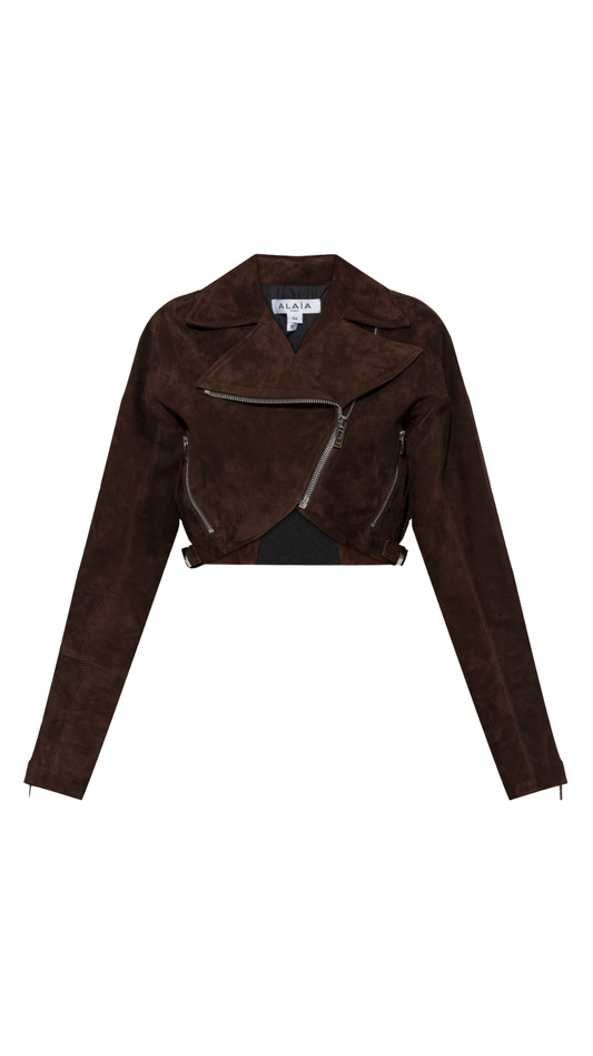 Cropped Leather Biker Jacket in Brown