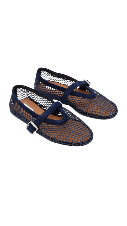 Ballet Flats in Blue Fishnet and Suede