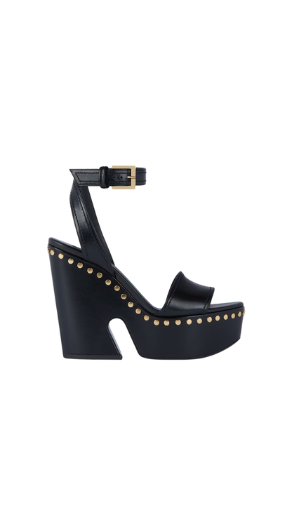 Clog Platform Sandals in Black Leather with Studs Detail