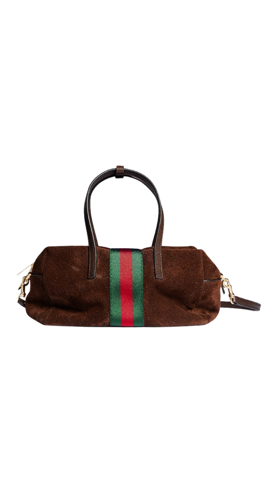 Small Boston Bag with Web in Dark Brown Soft, Perforated GG Suede