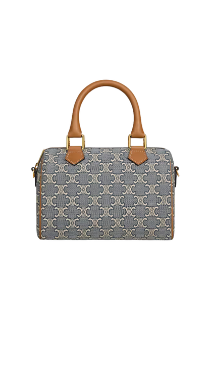 Small Boston in Triomphe Jacquard and Calfskin in Navy/Ecru