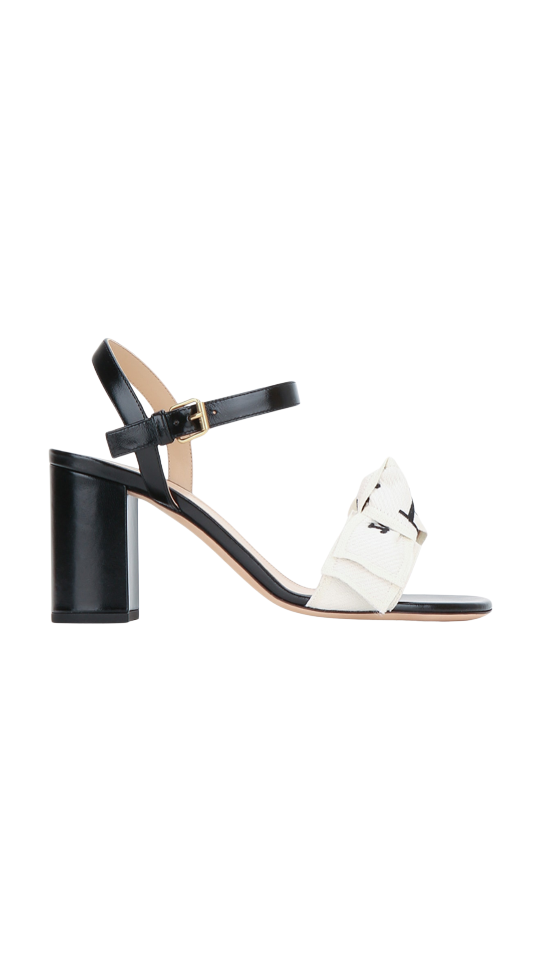 J'Adior Heeled Sandal in Embroidered Cotton and Black Lambskin