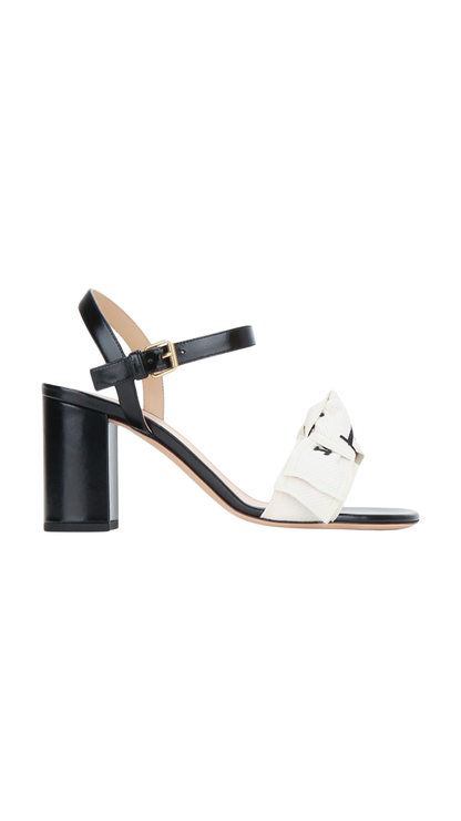 J'Adior Heeled Sandal in Embroidered Cotton and Black Lambskin