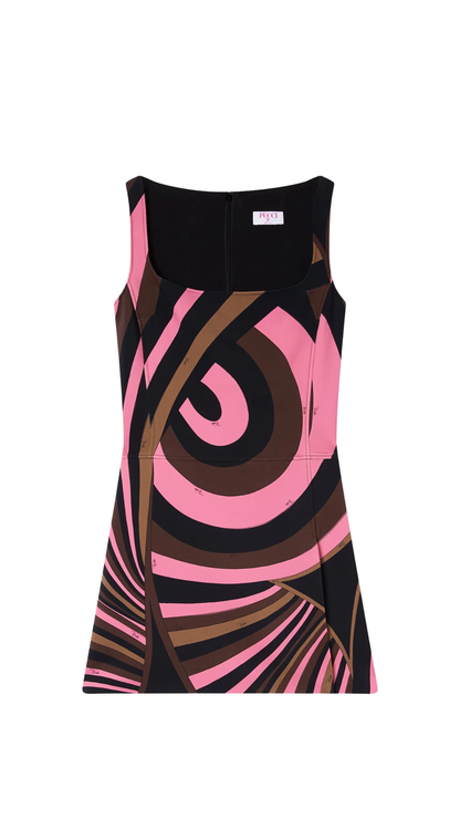 Iride Print Cady Dress in Brown and Coral
