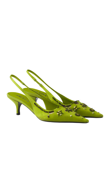 Embroidered Satin Slingback Pumps in Fern Green