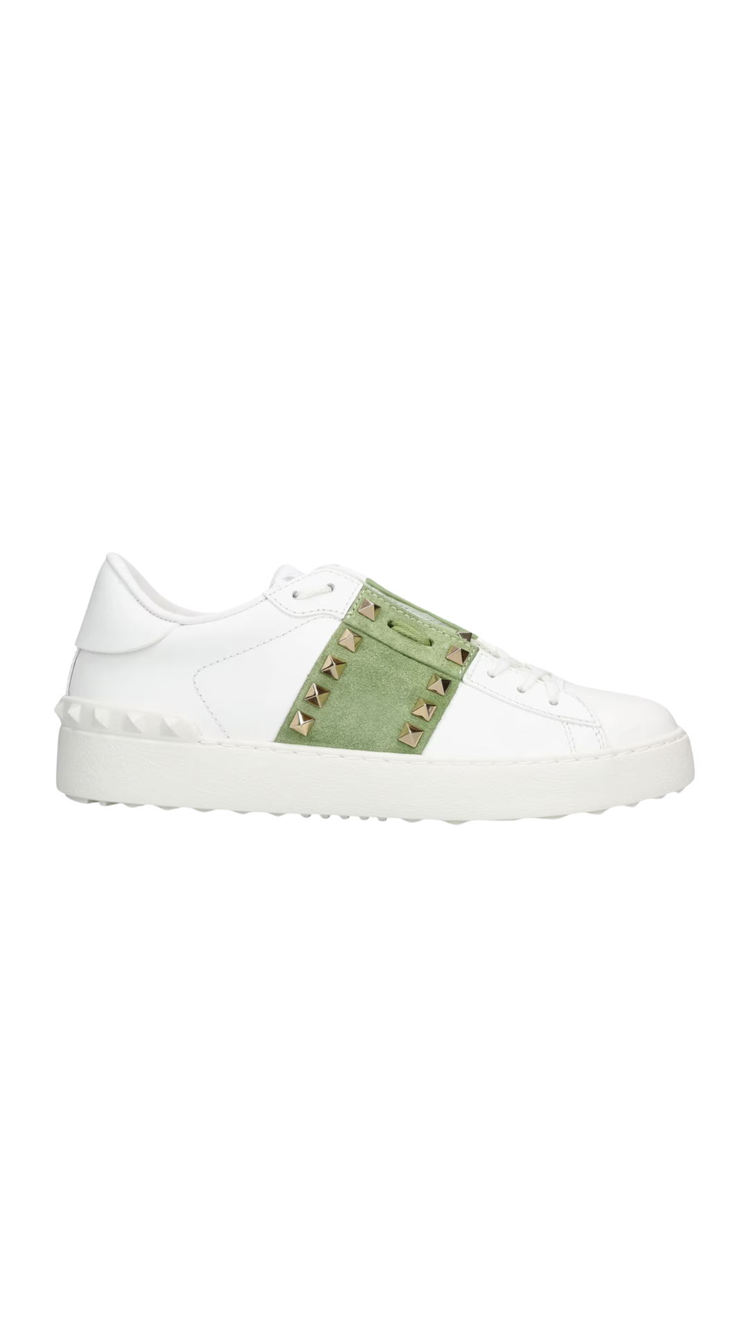 Rockstud Untitled Sneaker In White/Green Calfskin Leather With Tonal Studs